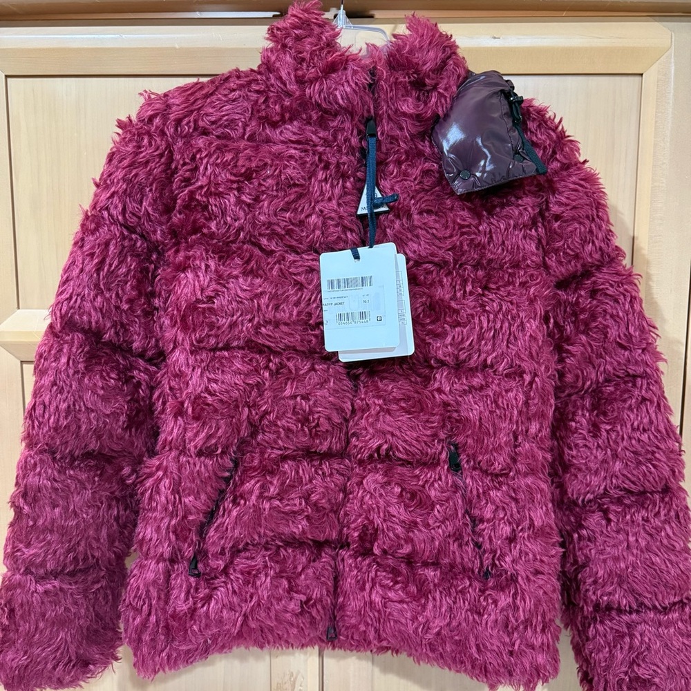 MONCLER BURGUNDY BADYP HOODED FULL ZIP DOWN PUFFER MOHAIR JACKET